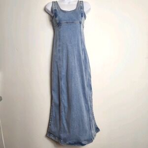 American Eagle Denim Maxi Dress Womens 6 Blue Sleeveless Zip Front Side Slit Y2K